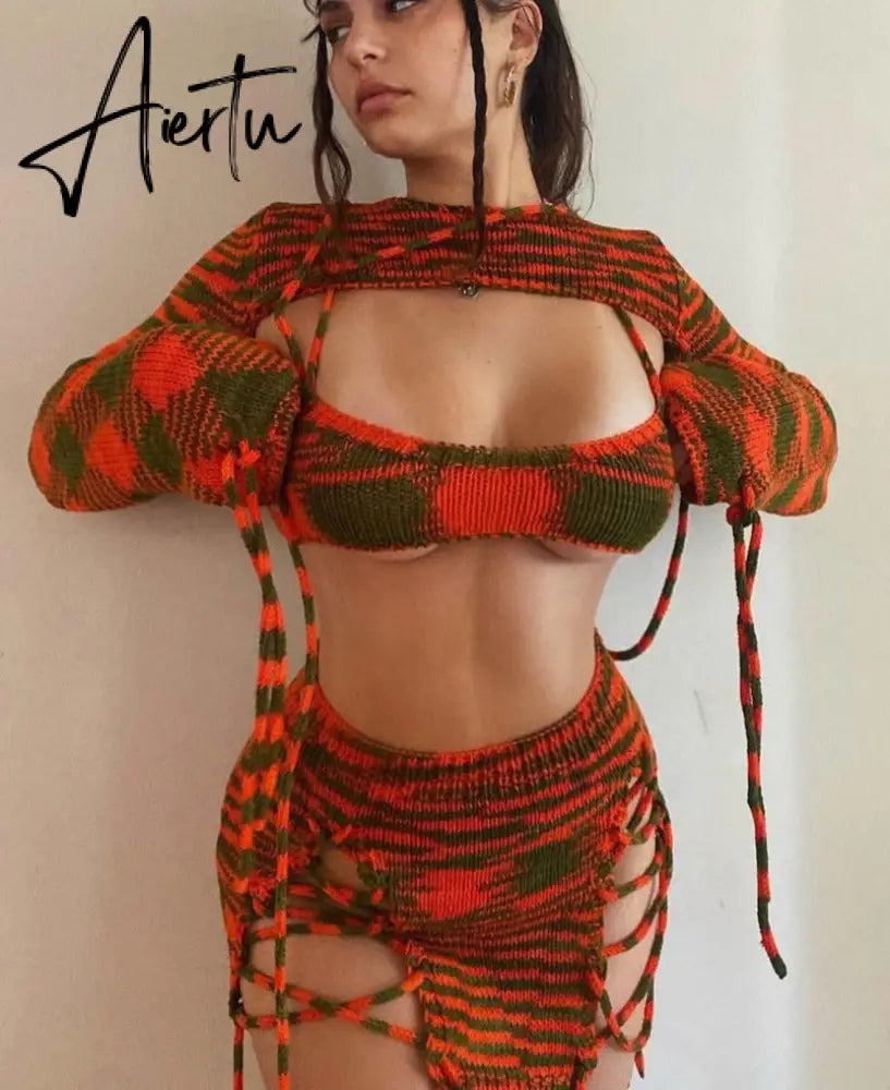 Print Knitting Women Long Sleeve Crop Top Drawstring Mini Dress 2 Piece Set Autumn Y2K Streetwear Outfit Fashion Aiertu