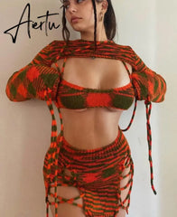 Print Knitting Women Long Sleeve Crop Top Drawstring Mini Dress 2 Piece Set Autumn Y2K Streetwear Outfit Fashion Aiertu