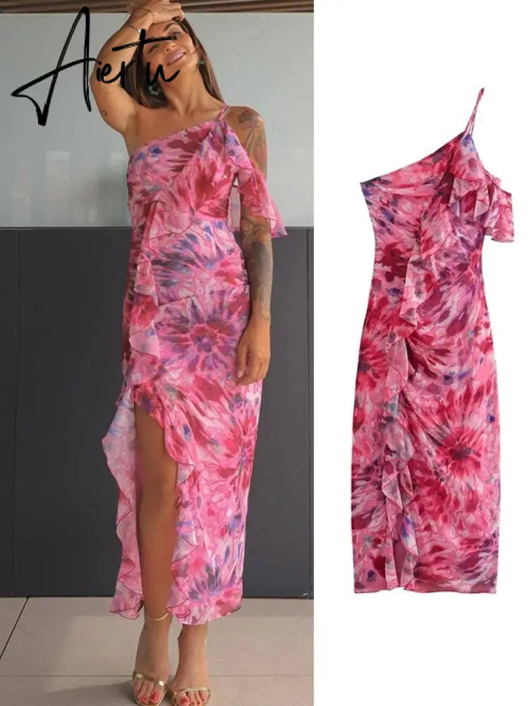 Print One Shoulder Ruffle Ruched Dress Women Asymmetric Off Shoulder Backless Chiffon Split Dress Summer Female Party Vestidos Aiertu