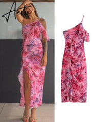 Print One Shoulder Ruffle Ruched Dress Women Asymmetric Off Shoulder Backless Chiffon Split Dress Summer Female Party Vestidos Aiertu