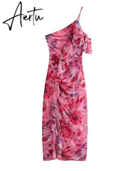 Print One Shoulder Ruffle Ruched Dress Women Asymmetric Off Shoulder Backless Chiffon Split Dress Summer Female Party Vestidos Aiertu