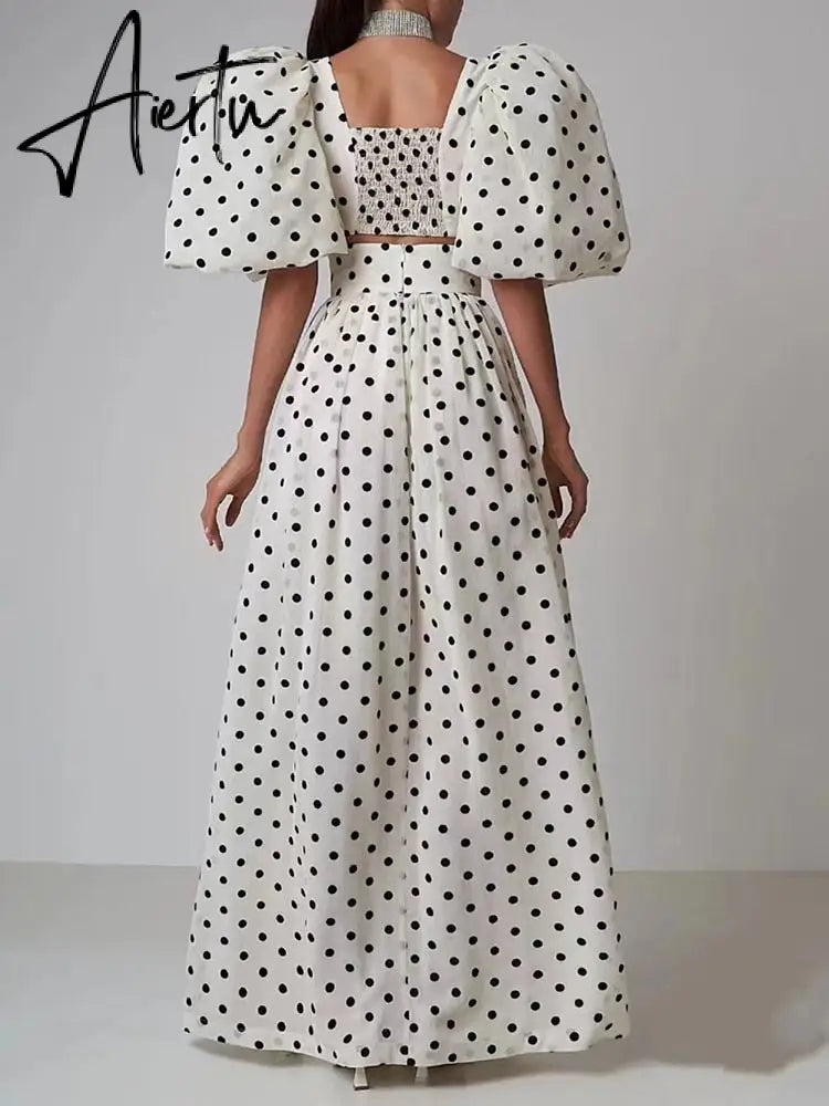 Print Slim Sets For Women Square Collar Puff Sleeve Tops High Waist Split Thigh Skirts Hollow Out Set Female Fashion New Aiertu