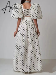 Print Slim Sets For Women Square Collar Puff Sleeve Tops High Waist Split Thigh Skirts Hollow Out Set Female Fashion New Aiertu