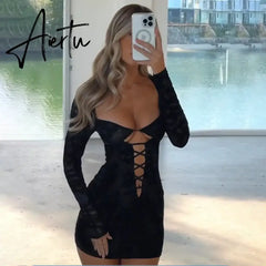 Print Square Neck Hot Sexy Bandage Cut Out Mini Dress Elegant Club Party Long Sleeve Bodycon Dresses Fall Clothes Aiertu