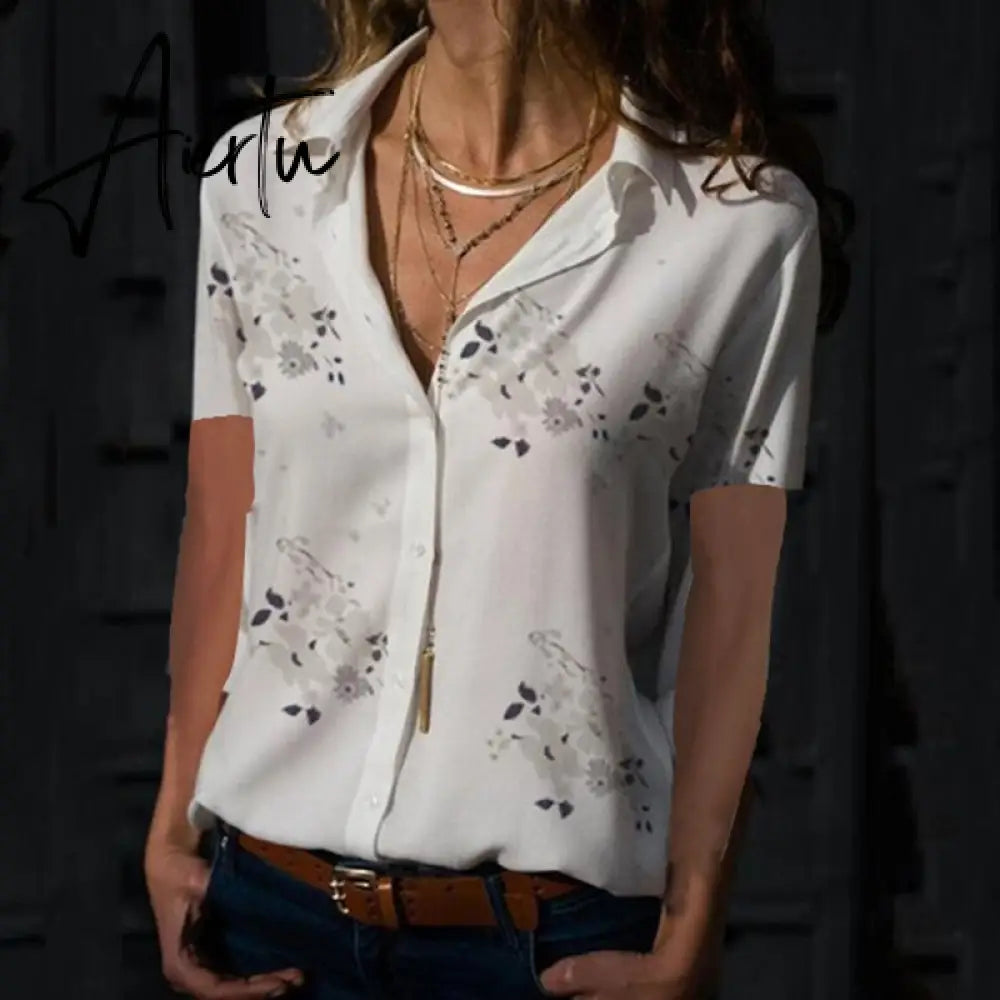 Print V-Neck Chiffon Blouse Women Tops Blouses Summer Elegant Short Sleeve Female Work Shirts Plus Size 5XL Lapel Blusas Aiertu
