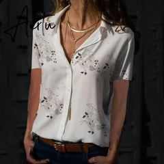 Print V-Neck Chiffon Blouse Women Tops Blouses Summer Elegant Short Sleeve Female Work Shirts Plus Size 5XL Lapel Blusas Aiertu