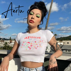Printed Cotton Comfy Long Sleeve Women Tshirts Cute Casual Streetwear Crop Top Y2k Skinny Shirt Girl Sweet Chic Tees Harajuku Aiertu