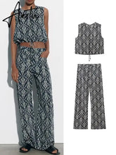 Printed Drawstring Cropped Tops Low Waist Fly Pants Sets Thin Causal Shirts Button Suits Summer Female Sleeveless Outwear Aiertu