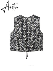 Printed Drawstring Cropped Tops Low Waist Fly Pants Sets Thin Causal Shirts Button Suits Summer Female Sleeveless Outwear Aiertu