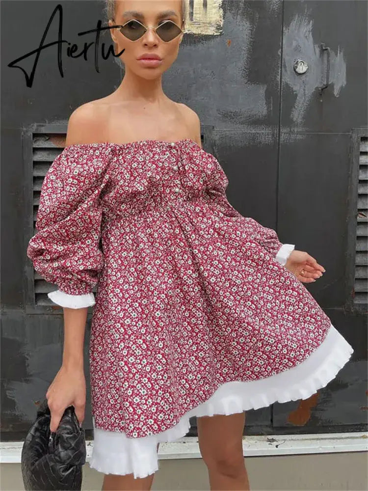 Printed Off-Shoulder Ruffled Mini Dress For women Square Collar Fashion Casual Elegant Party Dress Evening Mini Dress Aiertu