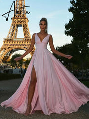Prom Dress Women'S Clothing Elegant V-neck Solid Color Dress Sling Backless Pink Dress Slit Big Swing Evening Blue Dress Summer Aiertu