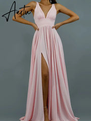 Prom Dress Women'S Clothing Elegant V-neck Solid Color Dress Sling Backless Pink Dress Slit Big Swing Evening Blue Dress Summer Aiertu