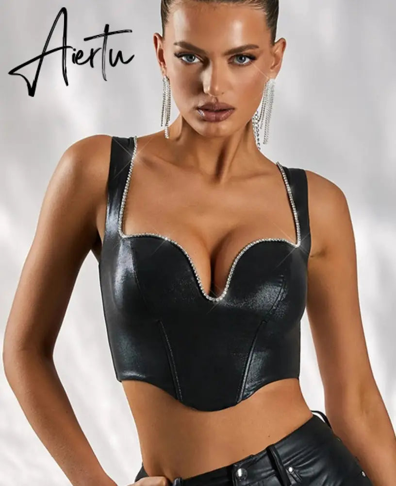Pu Diamond Decorate Solid Strap Crop Top Fashion Women Cute Elegant Streetwear Party Club Corset Y2K Clothing Aiertu