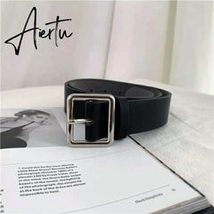PU Leather Belt Women Square Buckle Metal Pin Buckle Jeans Black Belt Chic Luxury Brand Vintage Belt Female Aiertu