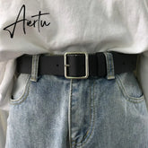 PU Leather Belt Women Square Buckle Metal Pin Buckle Jeans Black Belt Chic Luxury Brand Vintage Belt Female Aiertu