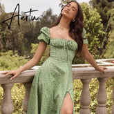 Puff Sleeve Flower Green Summer Split Long Dress Women Sexy Vacation Floral Sundress Outfits Holiday Midi Dress Aiertu
