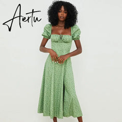 Puff Sleeve Flower Green Summer Split Long Dress Women Sexy Vacation Floral Sundress Outfits Holiday Midi Dress Aiertu