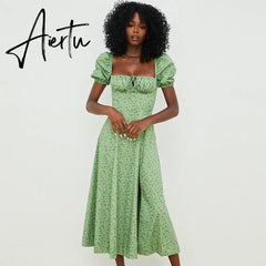 Puff Sleeve Flower Green Summer Split Long Dress Women Sexy Vacation Floral Sundress Outfits Holiday Midi Dress Aiertu