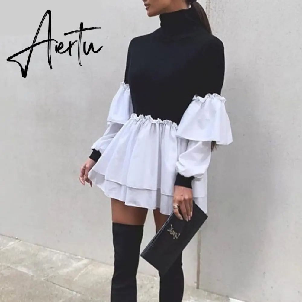 Puff Sleeve Sexy Mini Dress Women Casual Party Rib Shirt Patchwork Spring Long Sleeve Wrap A-Line Woman Dress Aiertu
