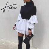Puff Sleeve Sexy Mini Dress Women Casual Party Rib Shirt Patchwork Spring Long Sleeve Wrap A-Line Woman Dress Aiertu