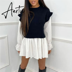 Puff Sleeve Sexy Mini Dress Women Casual Party Rib Shirt Patchwork Spring Long Sleeve Wrap A-Line Woman Dress Aiertu