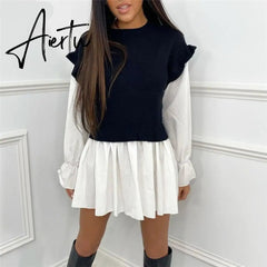 Puff Sleeve Sexy Mini Dress Women Casual Party Rib Shirt Patchwork Spring Long Sleeve Wrap A-Line Woman Dress Aiertu