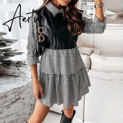 Puff Sleeve Sexy Mini Dress Women Casual Party Rib Shirt Patchwork Spring Long Sleeve Wrap A-Line Woman Dress Aiertu