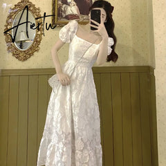 Puffer Sleeve Elegant Midi White Dresses Women One Piece Dress Korean Fahion Evening Vintage Party Dress Females Summer Aiertu
