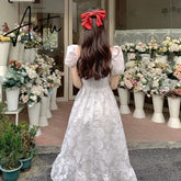Puffer Sleeve Elegant Midi White Dresses Women One Piece Dress Korean Fahion Evening Vintage Party Dress Females Summer Aiertu