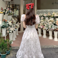 Puffer Sleeve Elegant Midi White Dresses Women One Piece Dress Korean Fahion Evening Vintage Party Dress Females Summer Aiertu