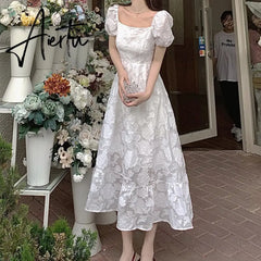 Puffer Sleeve Elegant Midi White Dresses Women One Piece Dress Korean Fahion Evening Vintage Party Dress Females Summer Aiertu