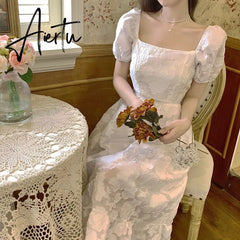 Puffer Sleeve Elegant Midi White Dresses Women One Piece Dress Korean Fahion Evening Vintage Party Dress Females Summer Aiertu