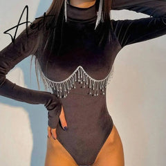 Puloru Women Velvet Turtleneck Bodysuit Fall Winter Sexy Tassel Chain Long Sleeve Bodycon Leotard Tops Fashion Office Base Tops Aiertu