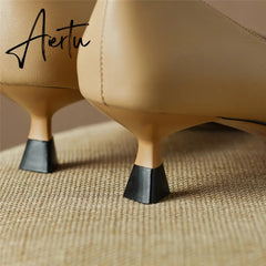 Pumps Shoes Women Mid Heel Fashion Sexy Spring Sheepskin Pointed Toe Thin Heel Office Party Black Handmade Shoe Big Size 42 Aiertu