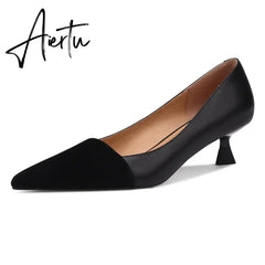 Pumps Shoes Women Mid Heel Fashion Sexy Spring Sheepskin Pointed Toe Thin Heel Office Party Black Handmade Shoe Big Size 42 Aiertu