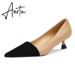 Pumps Shoes Women Mid Heel Fashion Sexy Spring Sheepskin Pointed Toe Thin Heel Office Party Black Handmade Shoe Big Size 42 Aiertu