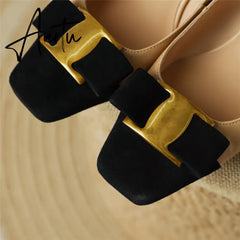 Pumps Shoes Women Mid Heel Spring Sheepskin Square Toe Thin Heel Metal Decoration Party Black Handmade Shoe Big Size 42 Aiertu