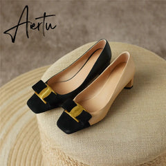 Pumps Shoes Women Mid Heel Spring Sheepskin Square Toe Thin Heel Metal Decoration Party Black Handmade Shoe Big Size 42 Aiertu