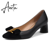 Pumps Shoes Women Mid Heel Spring Sheepskin Square Toe Thin Heel Metal Decoration Party Black Handmade Shoe Big Size 42 Aiertu