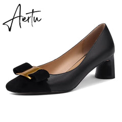 Pumps Shoes Women Mid Heel Spring Sheepskin Square Toe Thin Heel Metal Decoration Party Black Handmade Shoe Big Size 42 Aiertu