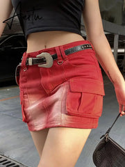 Punk Denim Skirt Women Streetwear Low Rise Pocket Patchwork Mini Wrap Cargo Skirts Y2k Aesthetic Jean Bottoms Goth Style Aiertu