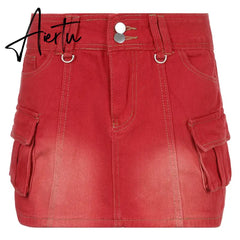 Punk Denim Skirt Women Streetwear Low Rise Pocket Patchwork Mini Wrap Cargo Skirts Y2k Aesthetic Jean Bottoms Goth Style Aiertu