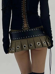 Punk Low Rise Y2k Mini Pleated Skirt With PU Belt Summer Hot Sexy Super Short Skirt Vintage Grunge 2000s Women's Outfits Aiertu