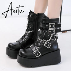 Punk Metal Buckle Platfom Ankle Boots Women Autumn PU Leather Chunky Heels Gothic Shoes Woman Thick Bottom Motorcycle Botas Aiertu