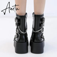 Punk Metal Buckle Platfom Ankle Boots Women Autumn PU Leather Chunky Heels Gothic Shoes Woman Thick Bottom Motorcycle Botas Aiertu