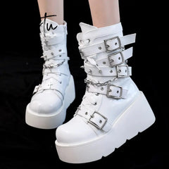 Punk Metal Buckle Platfom Ankle Boots Women Autumn PU Leather Chunky Heels Gothic Shoes Woman Thick Bottom Motorcycle Botas Aiertu