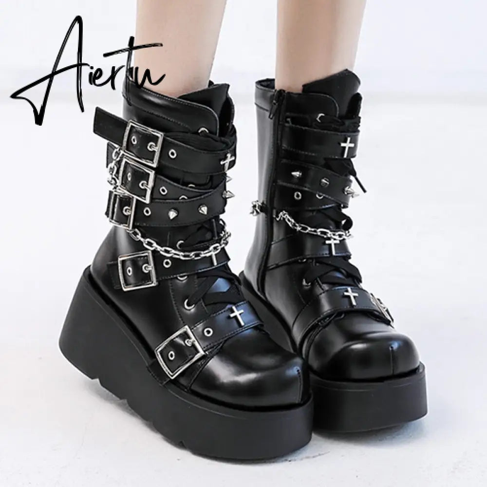 Punk Metal Buckle Platfom Ankle Boots Women Autumn PU Leather Chunky Heels Gothic Shoes Woman Thick Bottom Motorcycle Botas Aiertu