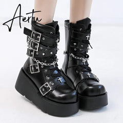 Punk Metal Buckle Platfom Ankle Boots Women Autumn PU Leather Chunky Heels Gothic Shoes Woman Thick Bottom Motorcycle Botas Aiertu