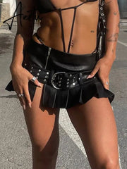Punk Slit Mini Leather Skirt with Belt Summer Low Rise Loose Sexy Super Short PU Pleated Skirts Women y2k Gothic Outfits Aiertu
