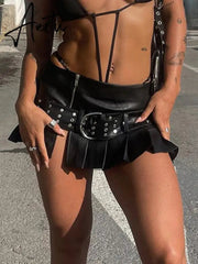 Punk Slit Mini Leather Skirt with Belt Summer Low Rise Loose Sexy Super Short PU Pleated Skirts Women y2k Gothic Outfits Aiertu